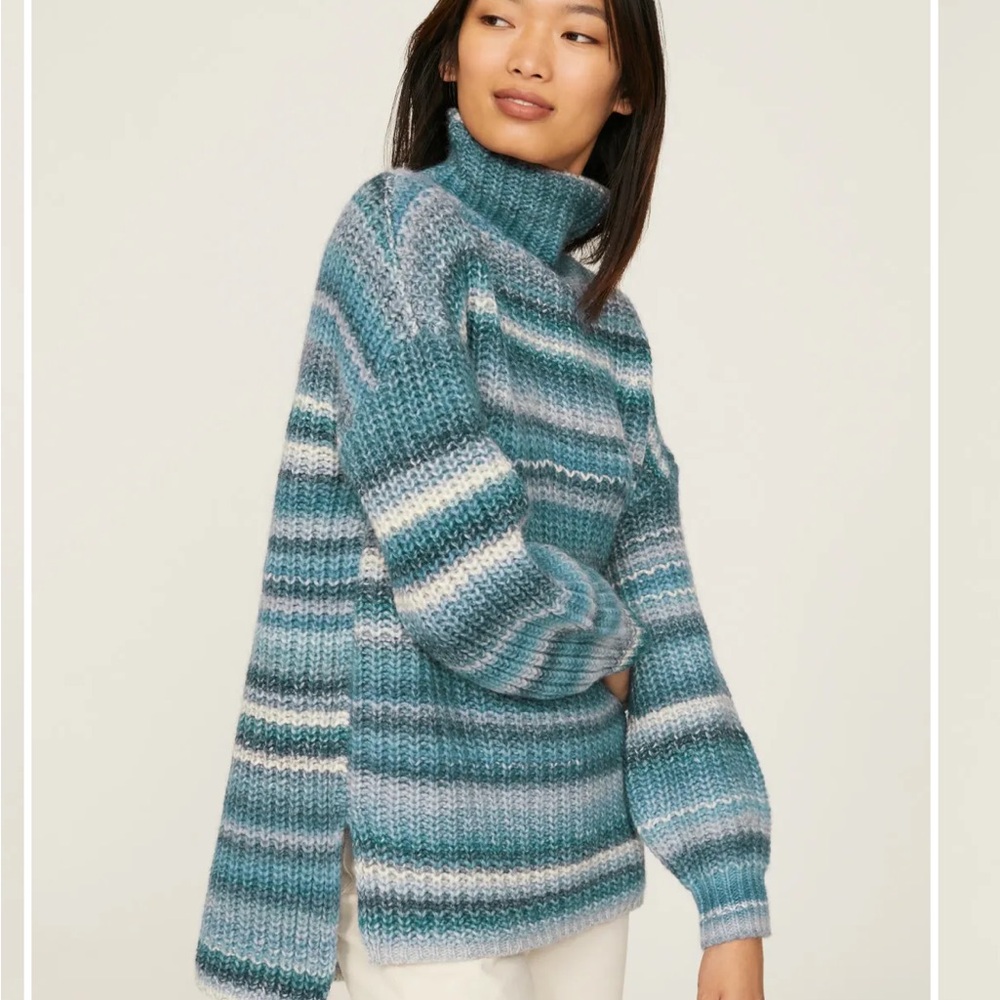 Hatch Maternity Teal and Gray Striped Turtleneck Sweater